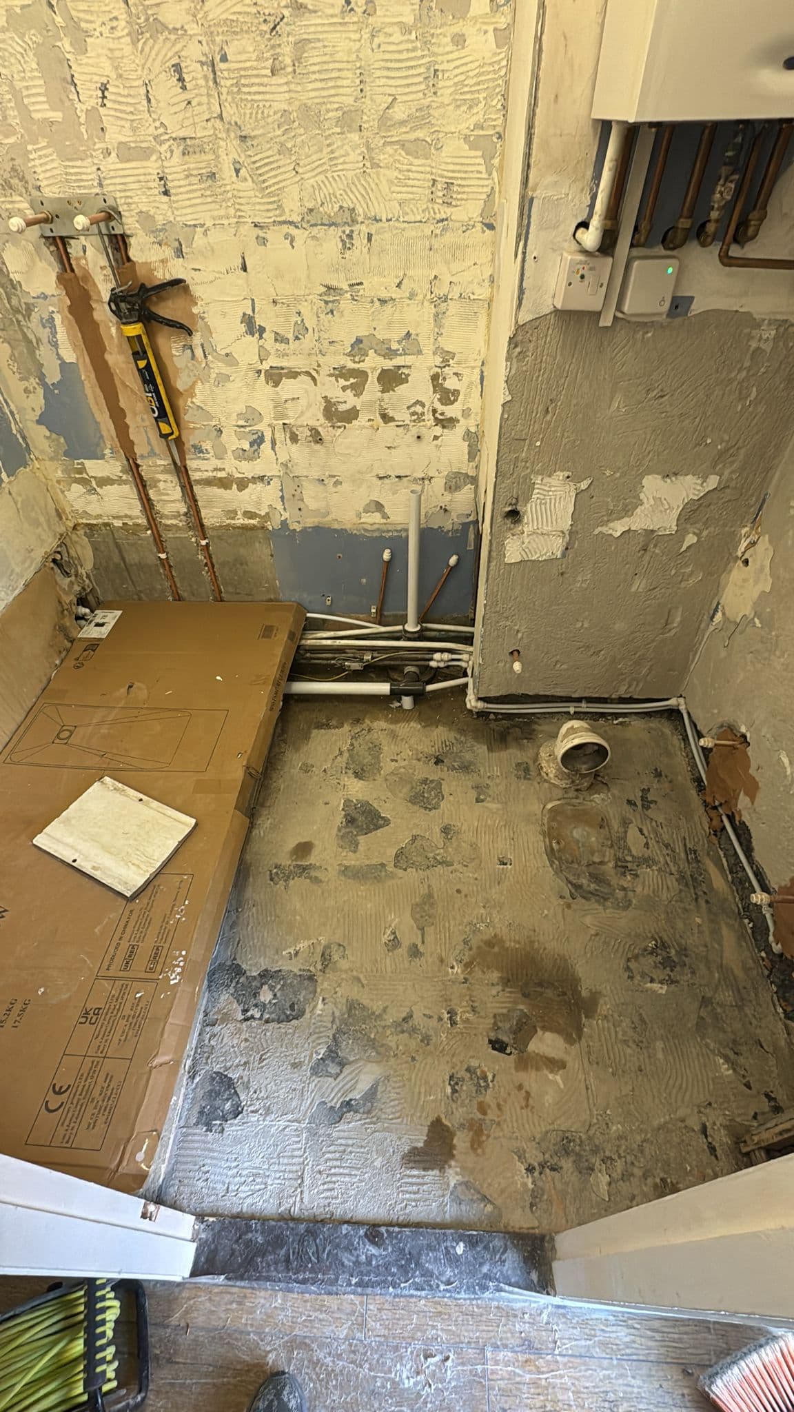 Bathroom Renovation in Battersea: First fix: the relocated soil pipe stub in the floor