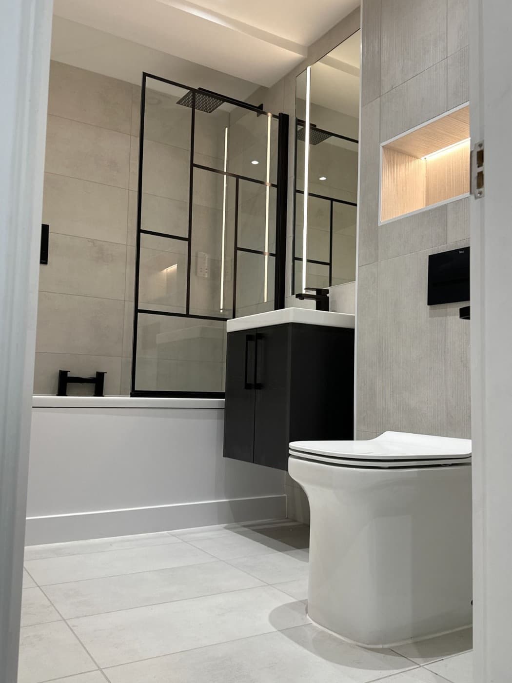 Black Crittall Bathroom, completed by Nova Rise Construction London