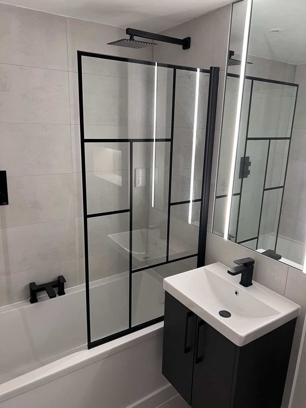 Black Crittall Bathroom, completed by Nova Rise Construction London