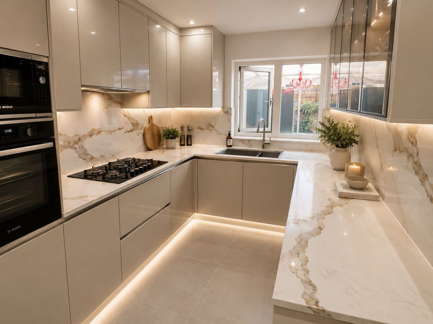 Bright kitchen with marble worktops and integrated lighting