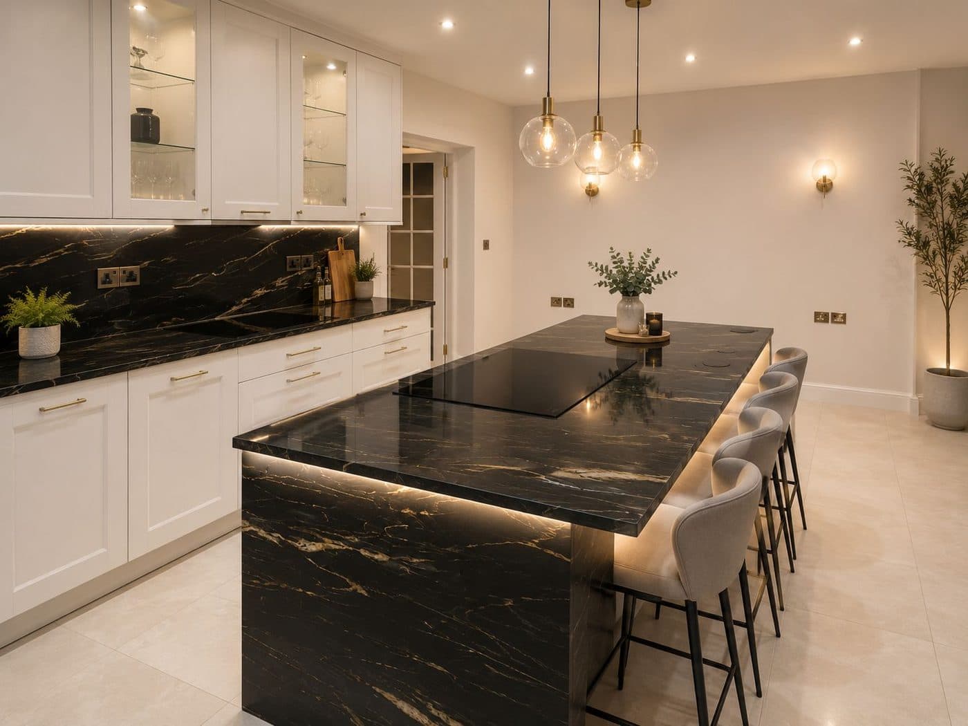 Dark kitchen with a marble island, bar stools and pendant lighting