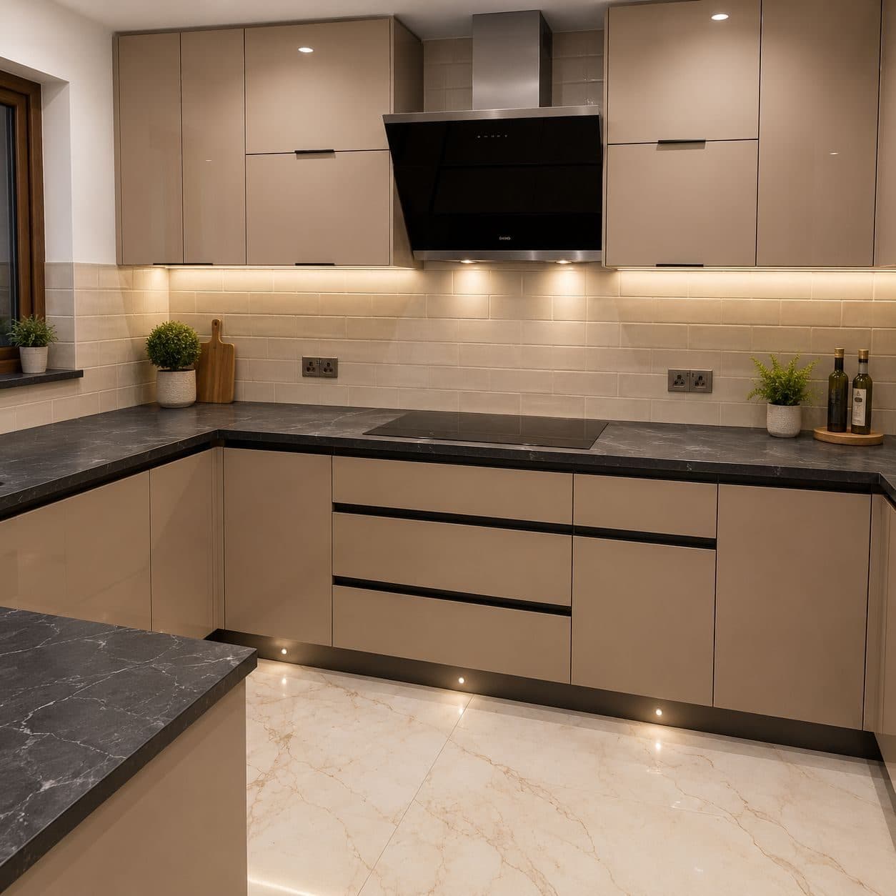 Taupe handleless kitchen with a dark stone worktop and integrated extractor